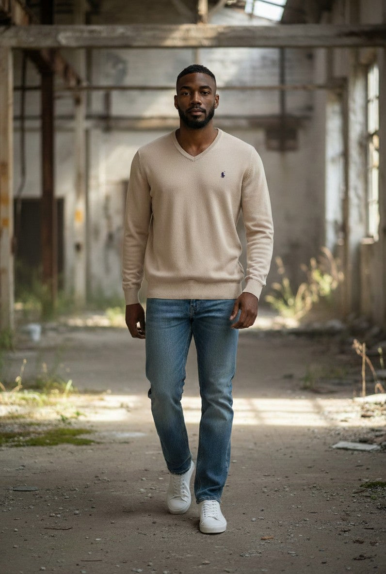 Pull  Ralph Lauren  – Col V – gris/blanc – taille L