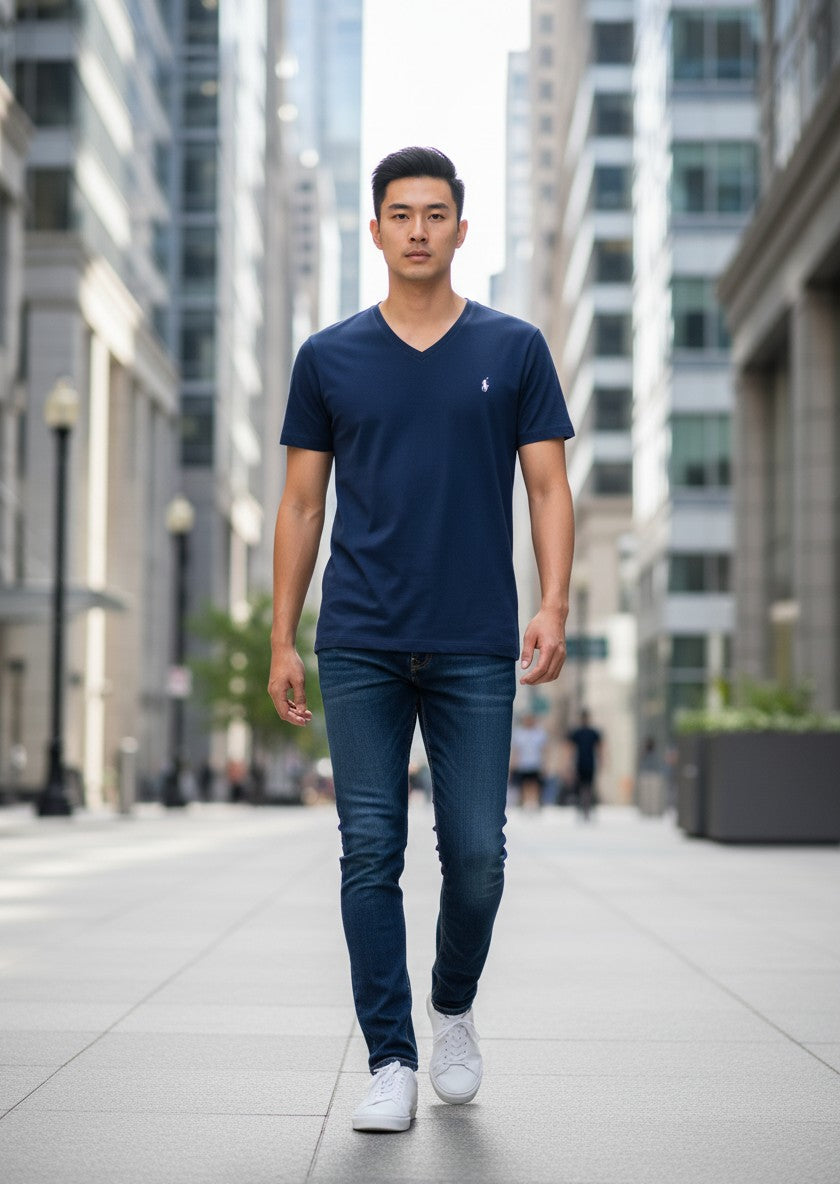 T-shirt Ralph Lauren Série Player – Col V – bleu – Taille L